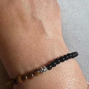 Pulseira de proteção tripla, hematita, ônix preta, olho de tigre, contas de prata, 4 mm, cristal, joia de cura