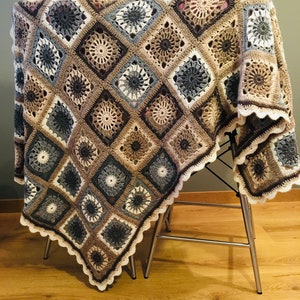 Crochet woolen bedspread LATTE MACCHIATO, crochet throw, granny square blanket