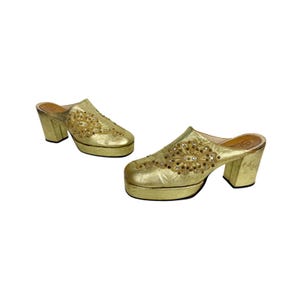 Vintage 70s Sbicca Gold Metallic Platform Mules Rhinestone Embroidered Disco Shoes