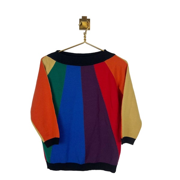 Vintage 50s 60s Colebrook Merino Wool Sweater Rainbow 3/4 Sleeve Sz M