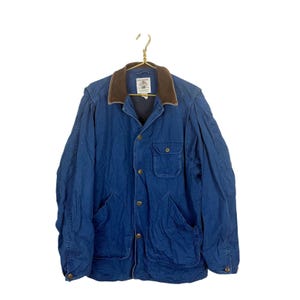 Vintage 80s Banana Republic Blue Hunting Field Jacket Brown Leather Collar Sz M