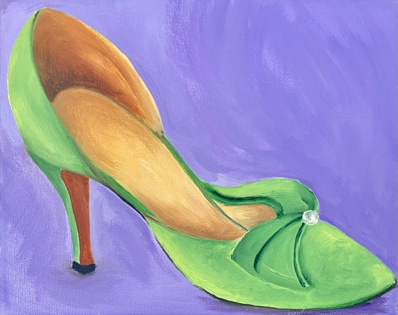 Green Suede Shoe Original Oil Painting on Canvas - Main Image