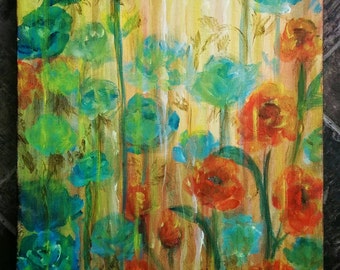 Original Floral Painting of Roses and Poppies on Canvas, Artwork of Flowers in Orange, Red, Yellow, and Blue