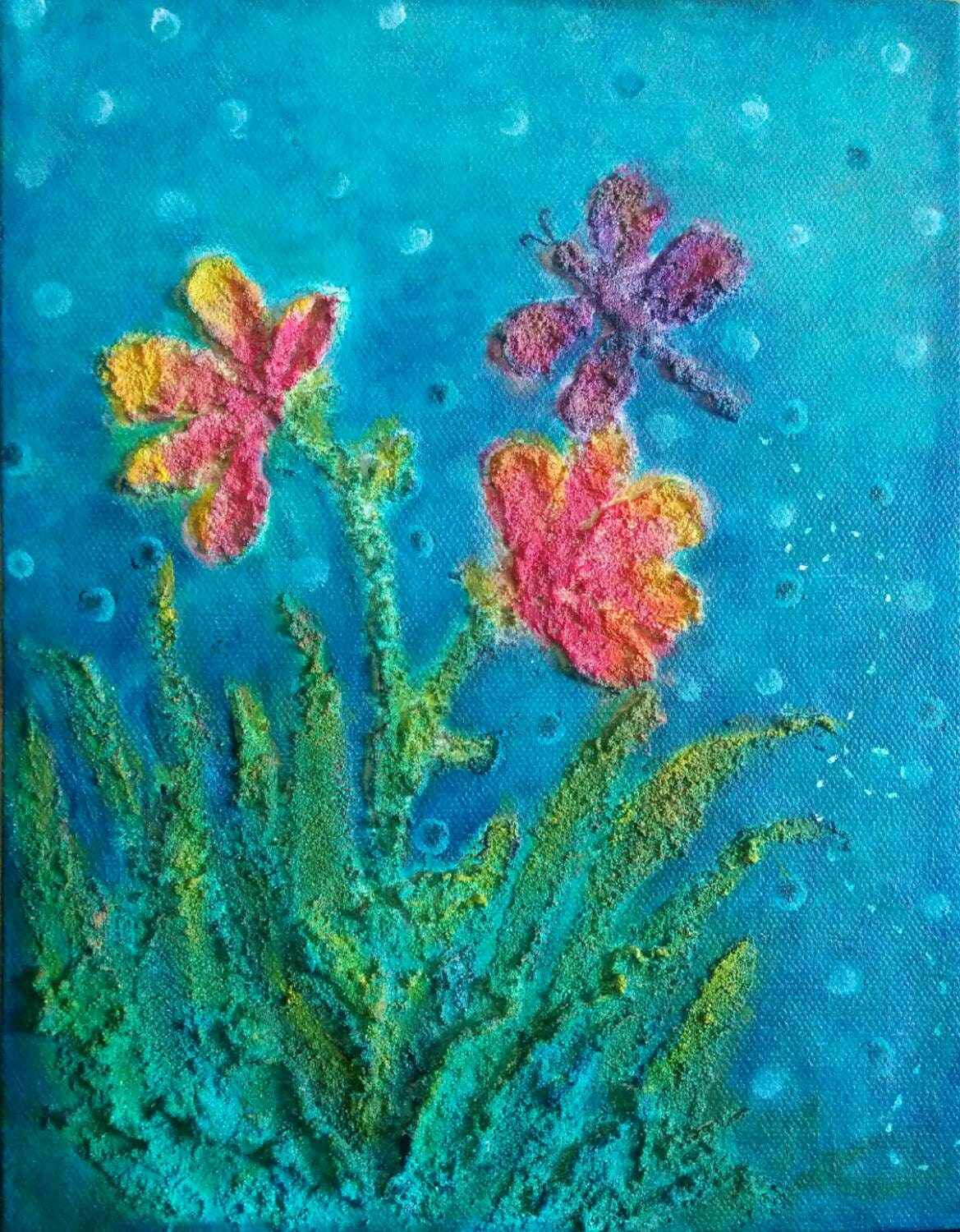 Mixed Media Acrylic Painting with Textured Flowers and Etsy