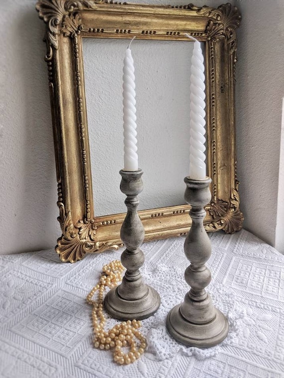Rustic Candlestick Holders Painted Antiqued Gray Wooden Candle Etsy
