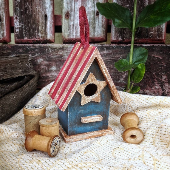 Small Rustic Birdhouse Painted In Red White And Blue Mini Etsy