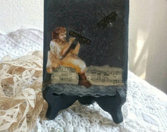 Encaustic Artwork Mixed Media with Black Easel- Hand Painted Woman with Butterflies