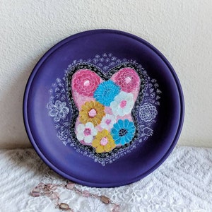 Wooden Decorative Plate Hand Painted Purple with Flower Rabbit Head, Floral Bunny on Small Wood Dish, Housewarming Gift