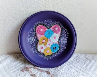 Hand Painted Wooden Plate: Purple Floral Rabbit Decor