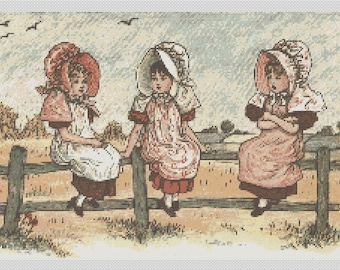 Vintage People PDF Cross Stitch Charts- (Ref-396) Three Girls on the Fence