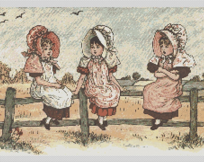 Vintage People PDF Cross Stitch Charts- (Ref-396) Three Girls on the Fence