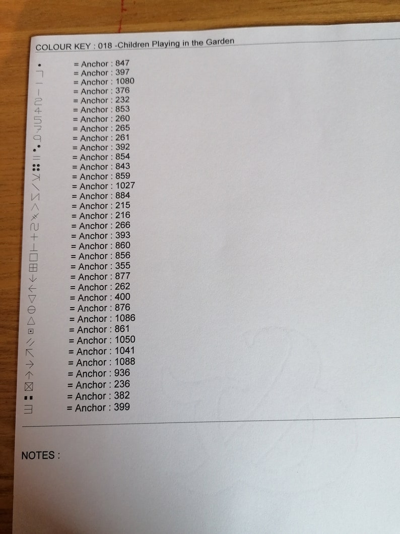 May include: A white paper document titled COLOUR KEY : 018 -Children Playing in the Garden. It features a list of black symbols on the left, each followed by an equals sign and a corresponding Anchor number, such as 847, 397, and 1080.