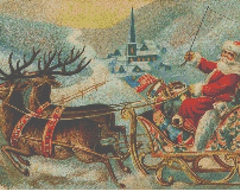 Christmas PDF Cross Stitch Charts:- (ref-186) Santa and his Sleigh