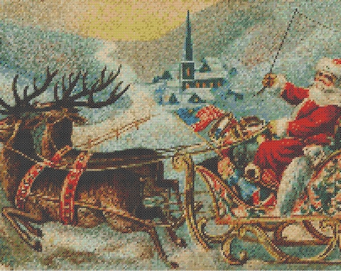 Christmas PDF Cross Stitch Charts:- (ref-186) Santa and his Sleigh