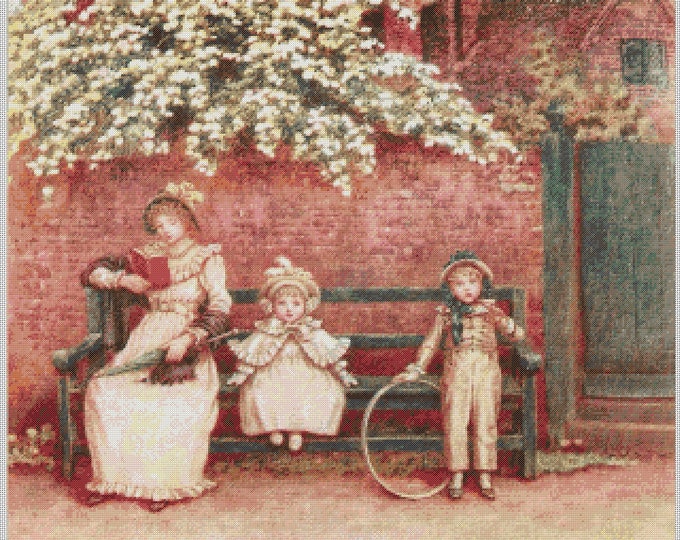 Vintage People PDF Cross Stitch Charts:- (ref-074) The Garden Seat