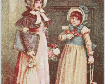 Vintage People PDF Cross Stitch Charts:- (ref-082) Two Friends going to School