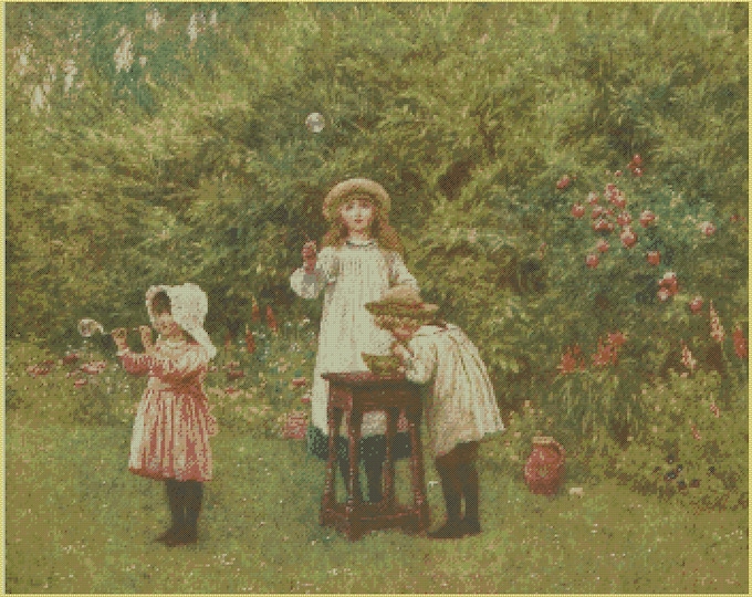 Country Garden PDF Cross Stitch Charts- (Ref-018) Children Playing in the Garden