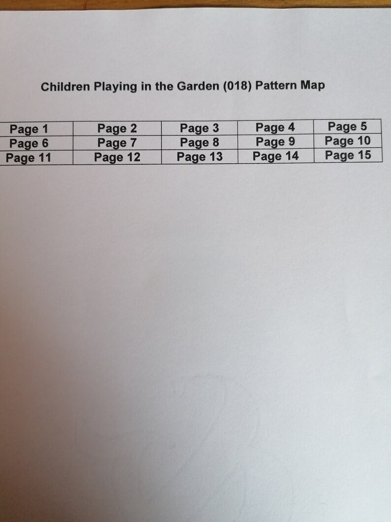 May include: A white document titled Children Playing in the Garden (018) Pattern Map. It features a black grid table with three rows and five columns, listing page numbers from 1 to 15 in black text, organized sequentially across the grid cells.