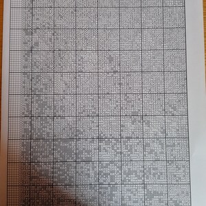 May include: A black and white cross stitch pattern chart titled Ref: 018 - Children Playing in the Garden, Copyright (c) Sally Ricketts 2015. The document features a grid filled with various symbols and letters representing stitches on a white page.