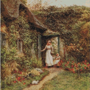 May include: A cross-stitch pattern depicting a cottage with a thatched roof covered in greenery. A person in a long white dress stands in the doorway with a small child. A path leads to the door through a garden with red flowers and a small white animal.