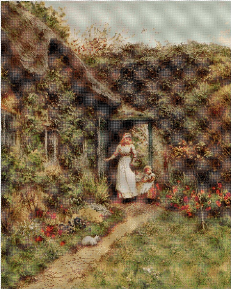 May include: A cross-stitch pattern depicting a cottage with a thatched roof covered in greenery. A person in a long white dress stands in the doorway with a small child. A path leads to the door through a garden with red flowers and a small white animal.