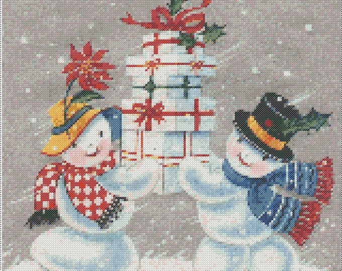 Christmas PDF Cross Stitch Charts:- (ref-194) Snowman's Presents