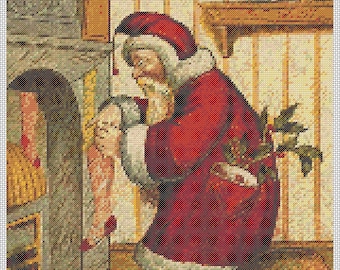 Christmas PDF Cross Stitch Charts:- (ref-187) Santa Filling a Stocking