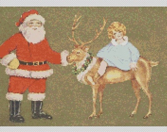 Christmas PDF Cross Stitch Charts:- (ref-189) Milly Riding Santa's Reindeer