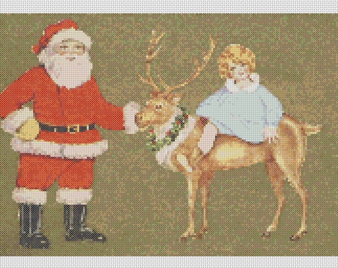 Christmas PDF Cross Stitch Charts:- (ref-189) Milly Riding Santa's Reindeer