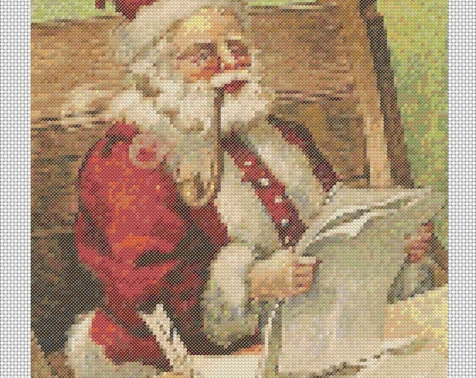 Christmas PDF Cross Stitch Charts:- (ref-191) Santa Checking his List