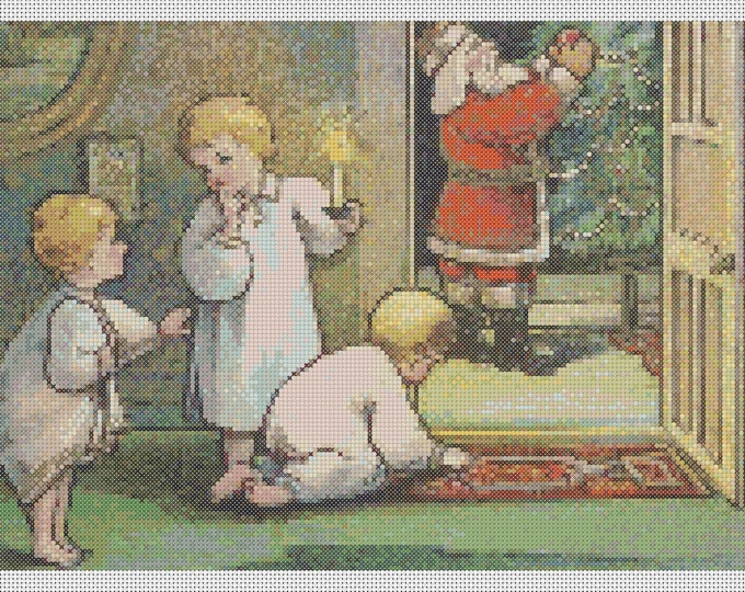 Christmas PDF Cross Stitch Charts:- (ref-196) Santa Decorating the Tree