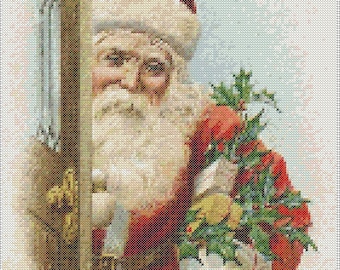 Christmas PDF Cross Stitch Charts:- (ref-199) Santa at the Door