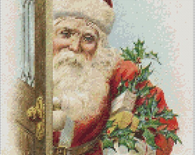 Christmas PDF Cross Stitch Charts:- (ref-199) Santa at the Door