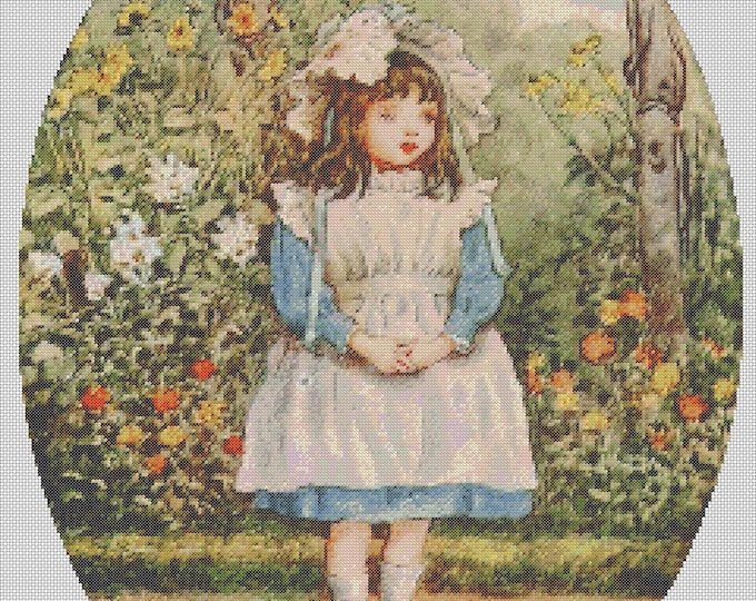 Vintage People PDF Cross Stitch Charts- (Ref-065) Little Jessica in the Garden