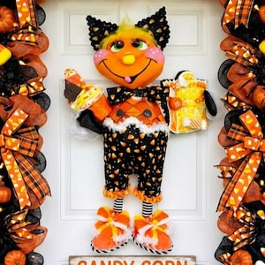Halloween Lil Candy Corn Monster Decorations, Wreath Attachment with OR without Large Handmade Cookie & Cupcake