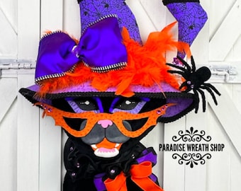 Handmade Halloween Black Velvet Cat with Witch Hat Wreath Attachment for Front Door, Halloween Cat Decoration Door Wall Hanger