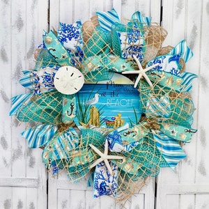 Memories are Made at the Beach Coastal Wreath, Nautical Beach House Decorations with Starfish & Sand Dollar