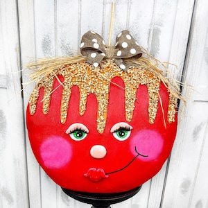 Large Fall Caramel Red Apple Wreath Attachment with Faux Nuts, Autumn Front Door Wall Decorations, Fake Candy Apple