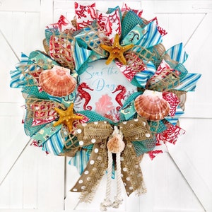 Seas the Day Seahorse Coastal Wreath, Beach Door Decorations, with Large Florida Starfish  & Shells