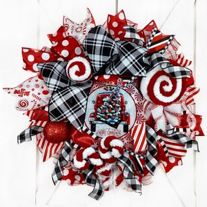 Red Truck Christmas Peppermint Truck Wreath, Front Door Candy Cane Decorations for Outside