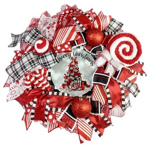 Peppermint Christmas Tree Wreath, Candy Canes, Peppermint Decoration, Handmade Peppermint Lollipop, Red glitter Ball Ornaments