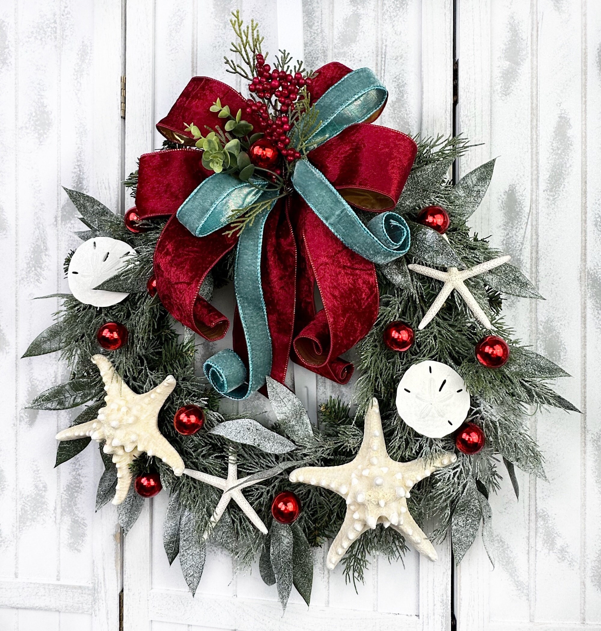 Handmade Coastal Christmas Wreath: Starfish, Sand Dollars & Velvet