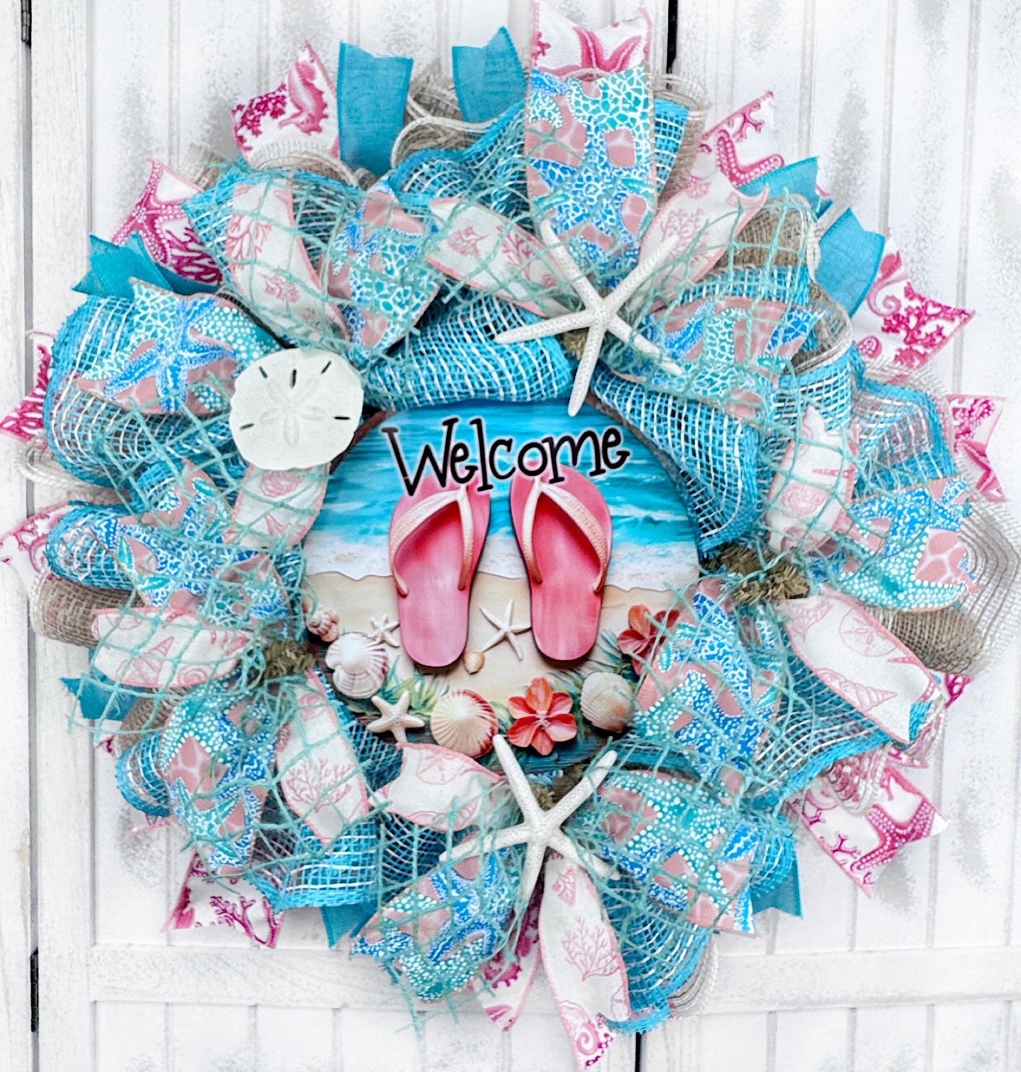Welcome Tropical Flip Flip Beach Wreath, Turquoise & Coral Coral
