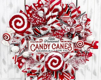 Kringle Candy Company Red & White Peppermint Adorned Wreath, Christmas Decorations, Candy Cane Wreath Door Hanger