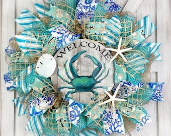 Coastal Crab Wreath **3 Crab Sign Options** Nautical Wreath, Beach Wreath, Nautical Beach House Decorations with Starfish & Sand Dollar