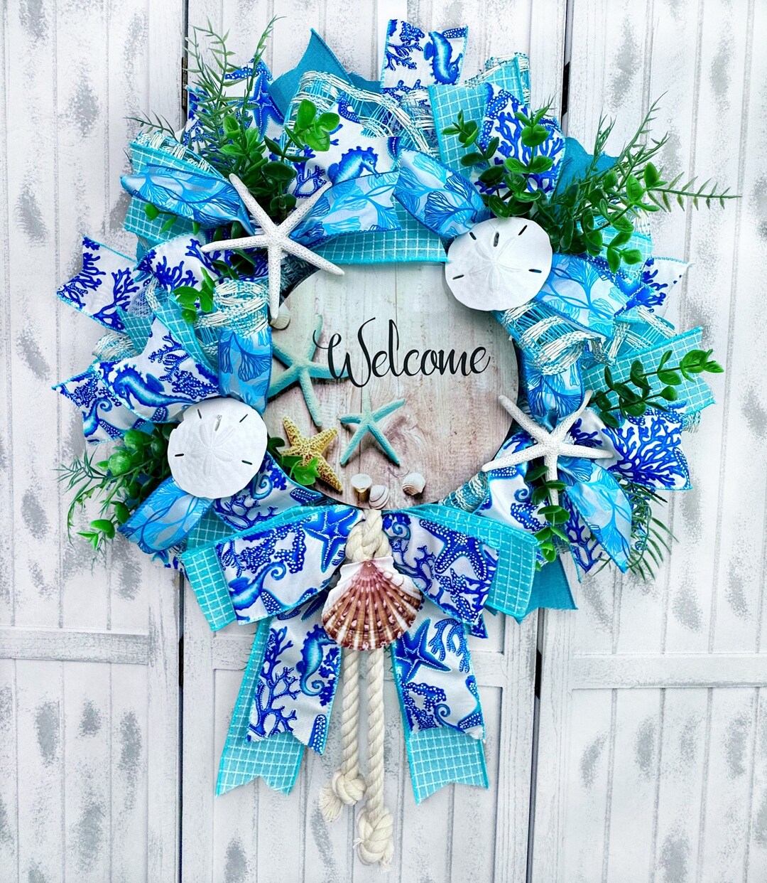 Blue Starfish Coastal Wreath, Beach Door Decorations, With Starfish ...