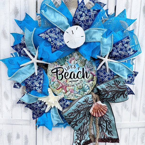 Turquoise & Beautiful Beachy Blues Life's a Beach Enjoy the Waves Coastal Wreath, Elegant  Beach Door Decorations