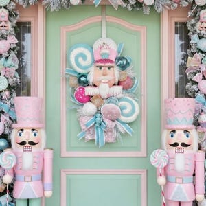Deluxe Candy Themed Nutcracker Christmas Front Door Wreath with Velvet Macaroons, Sweet Treats & Designer Ribbon, Nutcracker Decorations
