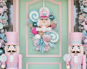 Deluxe Candy Themed Nutcracker Christmas Front Door Wreath with Velvet Macaroons, Sweet Treats & Designer Ribbon, Nutcracker Decorations