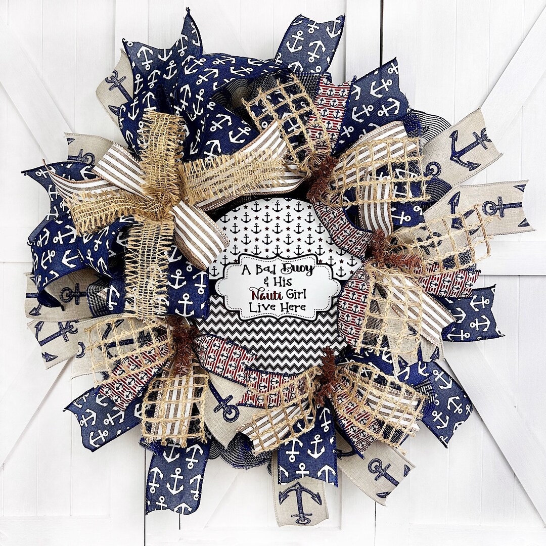 Nautical Anchor Wreath With Anchor Ribbon & Bow, Coastal Beach Wreath ...